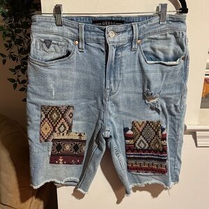 Guess Light Denim Slim Shorts with Patches